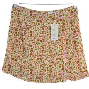 Mango Floral A-Line Skirt Sustainable Viscose Beige & Multicolor Women's Sz M